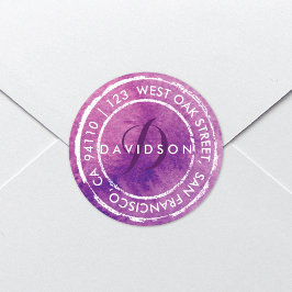 Lila Rustic Watercolor Monogram | Rund Adress Runt Klistermärke