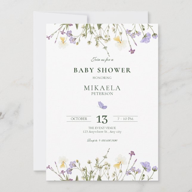 Lila Rustic Wildblombabydusch Inbjudningar (Framsida)