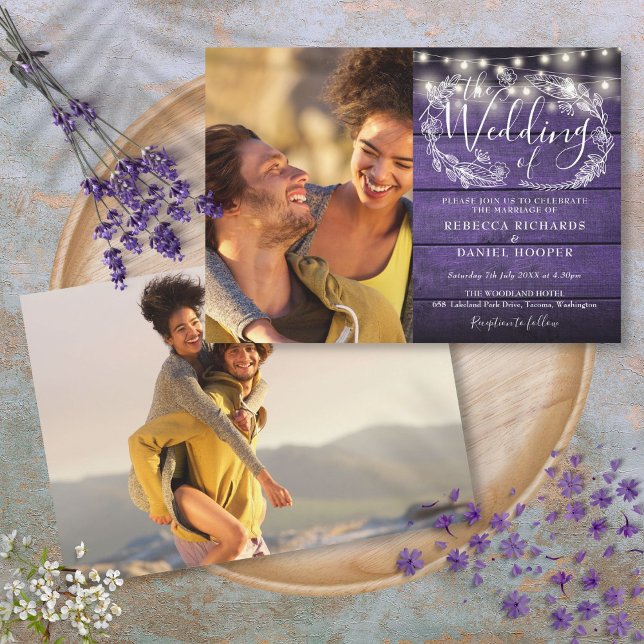 Lila Rustic Wood 2 Photo String Ljus Bröllop Inbjudningar (Purple Rustic Wood 2 Photo String Lights Wedding Invitation)