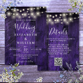 Lila Rustic Wood Bröllop String Ljus QR-kod Inbjudningar