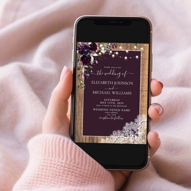 Lila Rustic Wood Snöre Script Bröllop Inbjudningar (Skapare uppladdad)