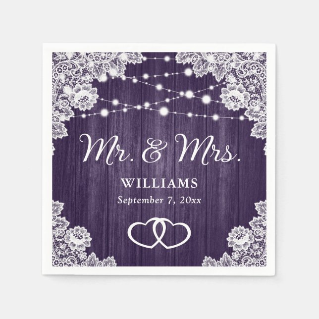 Lila Rustic Wood Snöre String Ljus Bröllop Pappersservett (Framsidan)