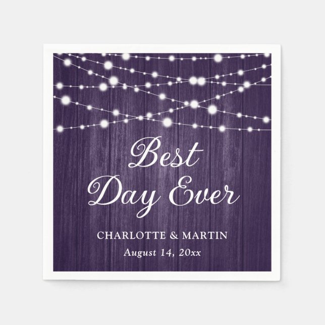 Lila Rustic Wood String Ljus Bröllop Pappersservett (Framsidan)