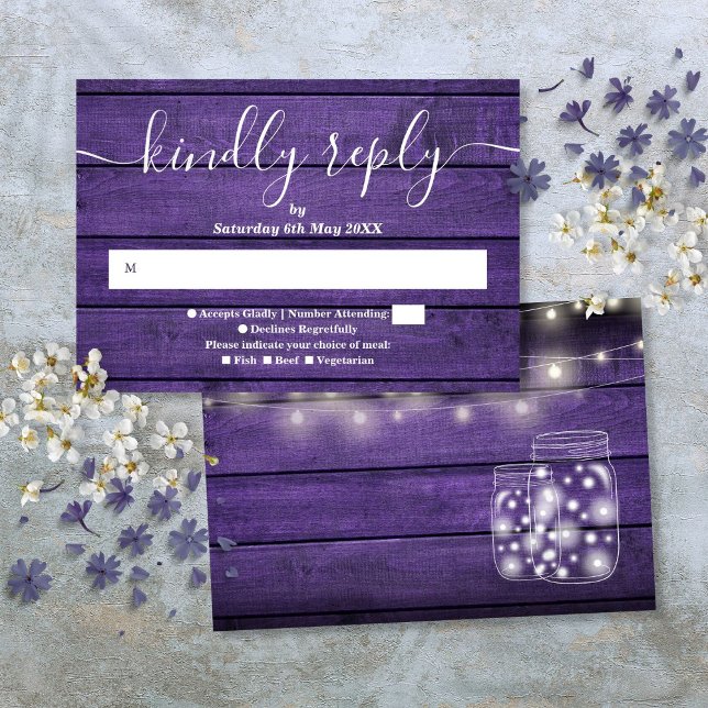 Lila Rustic Wood String Ljus Mason Burk OSA Kort (Purple Rustic Wood String Lights Mason Jars RSVP Card)