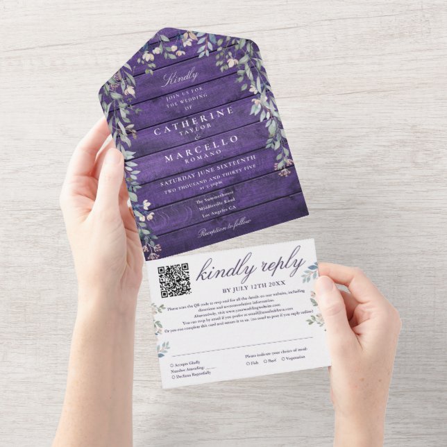 Lila Rustik Ladanträ Floral QR-kod Bröllop (Tearaway)