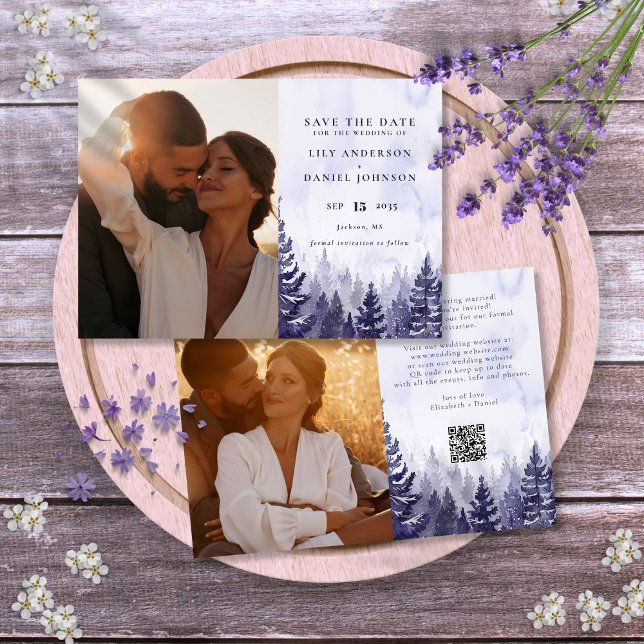 Lila Rustik Vattenfärg Tallskog Foto QR-kod Spara Datumet (Purple Rustic Watercolor Pine Forest Photo QR Code Save The Date)