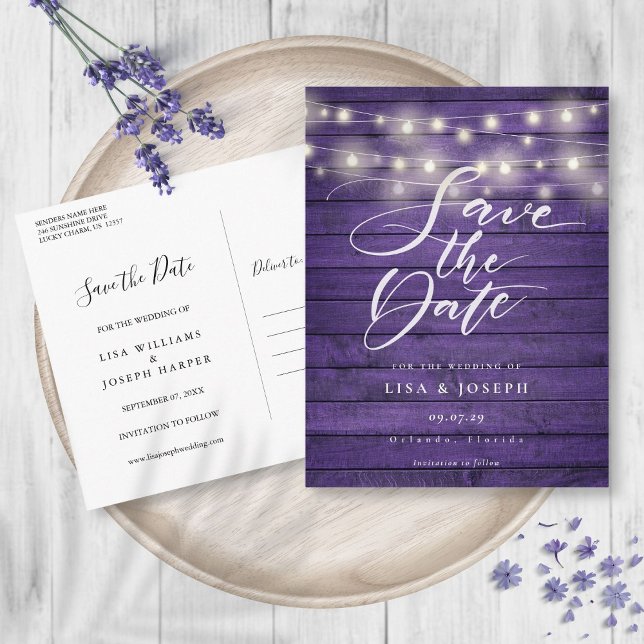 Lila Rustika Ljus i Trädgård Spara Datum Vykort (Purple Rustic Wood String Lights Save the Date Postcard)