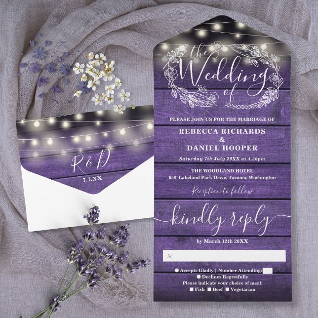 Lila Rustika Ljussträngar Blommig Bröllopsdekorati (Purple Rustic Wood String Lights Floral Wedding All In One Invitation)