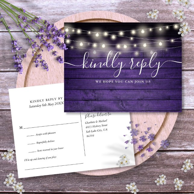 Lila Rustika Ljussträngar Sångförfrågan RSVP Inbjudan Vykort (Purple Rustic String Lights Song Request RSVP Invitation Postcard)