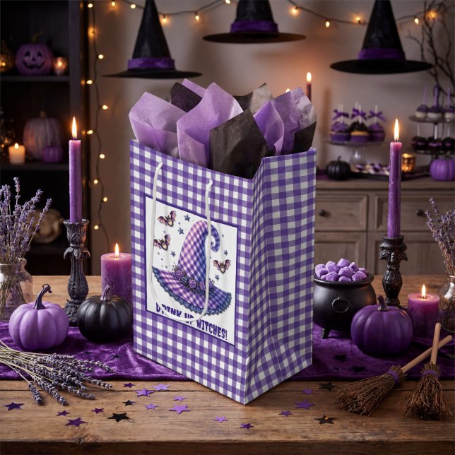 Lila rutigt Halloween-häxa hatt & fladdermöss (Skapare uppladdad)
