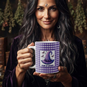 Lila rutigt Halloween-häxa hatt & fladdermöss Kaffemugg