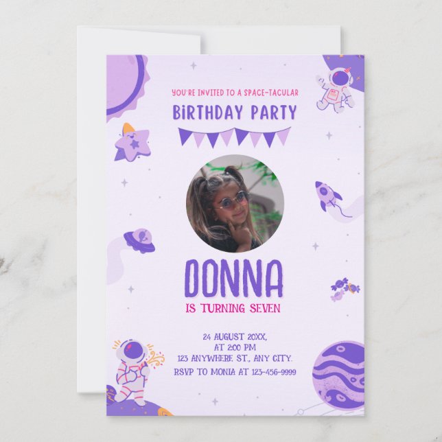 Lila Rymden Birthday För barn Inbjudningar (Framsida)