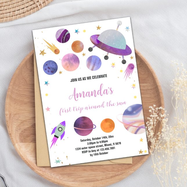 Lila Rymden födelsedagsinbjudningar Inbjudningar (Purple Outer Space Birthday Invitations)