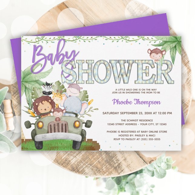 Lila Safari Animals Baby Shower-inbjudan Inbjudningar (Purple Safari Animals Baby Shower Invitation)