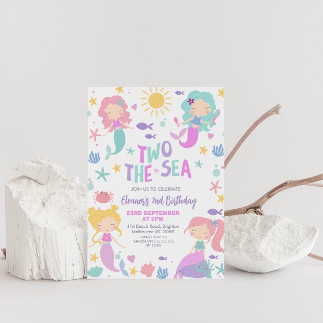 Lila Sage Sjöjungfru två Havet på andra födelsedag Inbjudningar (Two the Sea Mermaids invitation, Mermaids and Sea, Ocean Life Girls 2nd Birthday Invitation,)