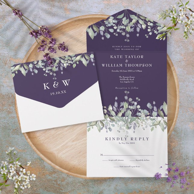 Lila Salvia Och Syren Blommig Monogram Bröllop (Purple Sage And Lilac Floral Monogram Wedding All In One Invitation)