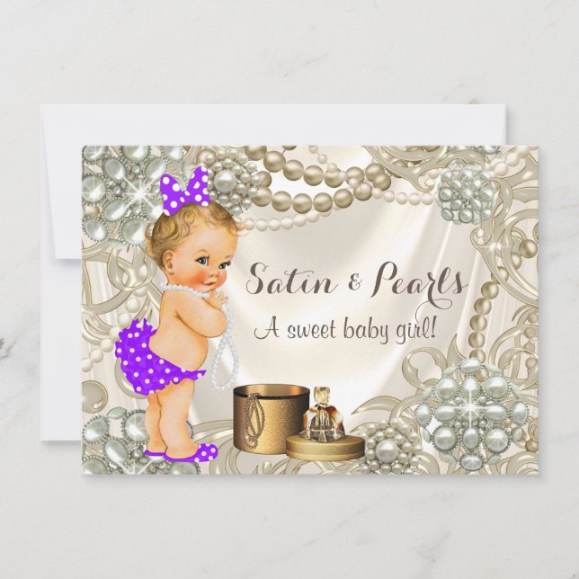Lila Satin Pärl Flicka Baby Girl Shower Inbjudningar (Framsida)