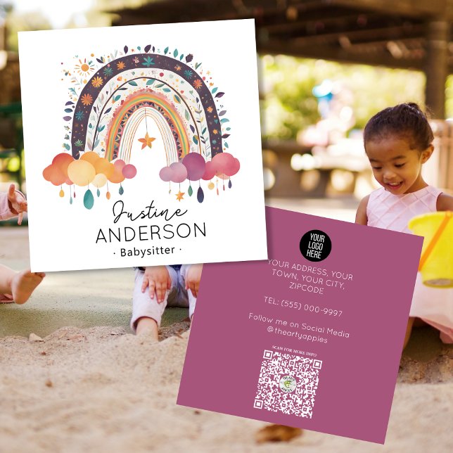  lila SCANDI HEART RAINBOW BABYSITTER Fyrkantigt Visitkort (Skapare uppladdad)