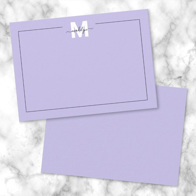 Lila Script Calligraphy Namn Monogram Anteckningskort (Purple Script Calligraphy Name Monogram Note Card)