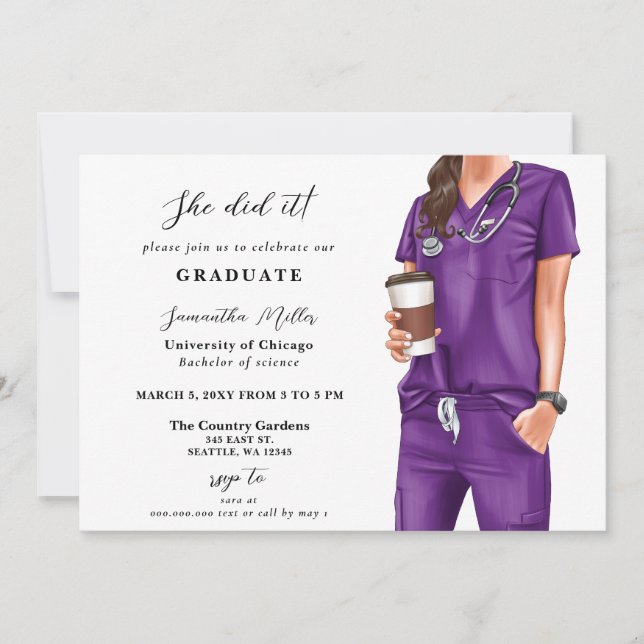 Lila Scrubs Nurse Photo Hon gjorde det Studenten Inbjudningar (Framsida)