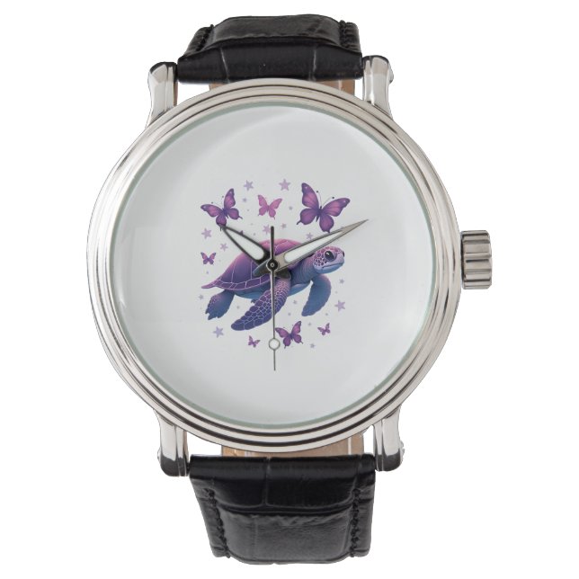 Lila - Sea Turtle Butterfly T-Shirt Armbandsur (Framsida)
