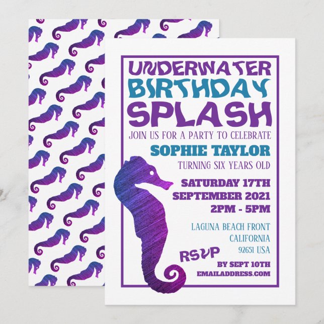 Lila Seahorse, Aquatic Födelsedagsfest Inbjudningar (Fram/baksida)