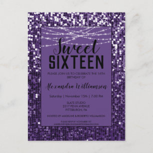Lila Sequins/Glitter Chic Sweet 16-inbjudan Vykort