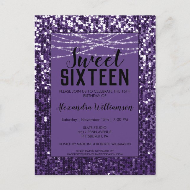 Lila Sequins/Glitter Chic Sweet 16-inbjudan Vykort (Framsida)