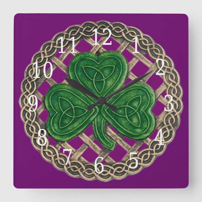 Lila Shamrock and Celtic Knots Square Clock Fyrkantig Klocka (Framsida)