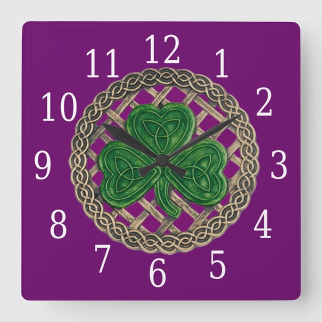 Lila Shamrock and Celtic Knowledge Square Clock Fyrkantig Klocka (Framsida)