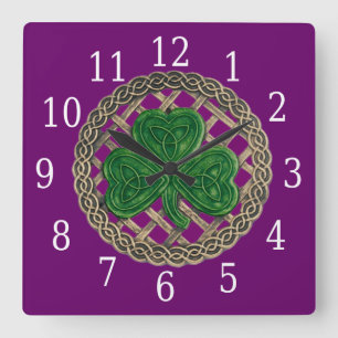 Lila Shamrock and Celtic Knowledge Square Clock Fyrkantig Klocka