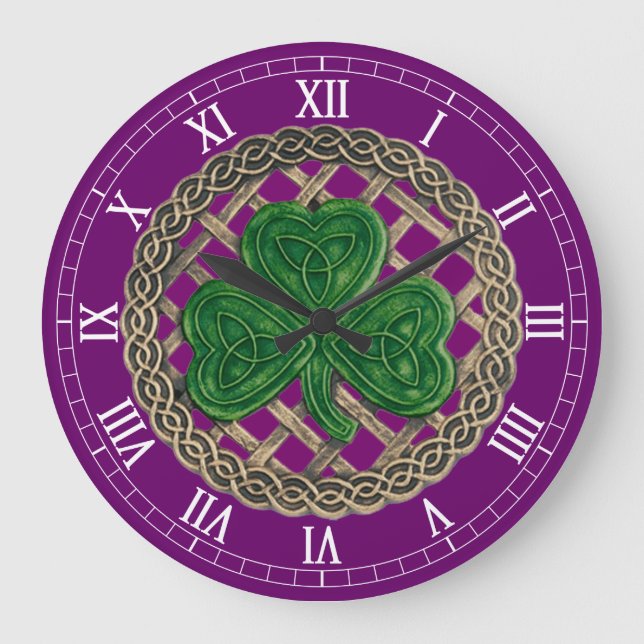 Lila Shamrock & Celtic Knots Roman Numeral Clock Stor Klocka (Framsida)
