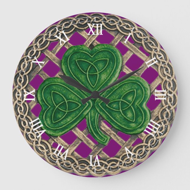 Lila Shamrock & Celtic Knowledge Numeral Clock Stor Klocka (Framsida)