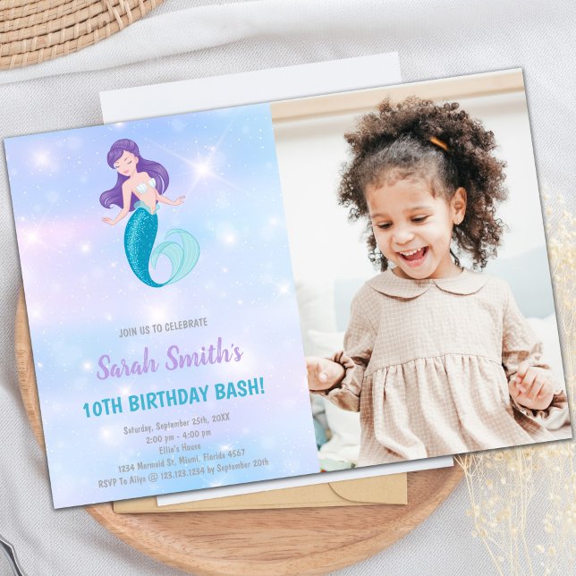 Lila Shine Sjöjungfru Birthday-inbjudningar Inbjudningar (Purple shine Mermaid Birthday Invitations w Photo)