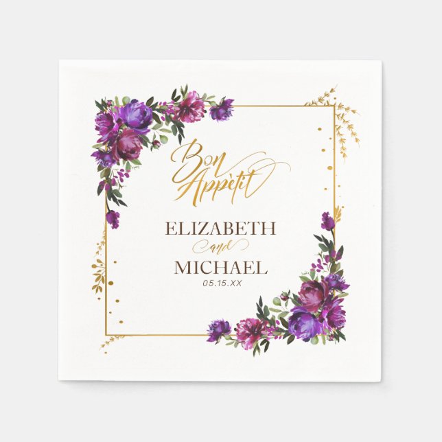 Lila Shock rosa Guld Watercolor Blommigt Bröllop Pappersservett (Framsidan)