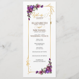 Lila Shock rosa Guld Watercolor Blommigt Bröllop Program