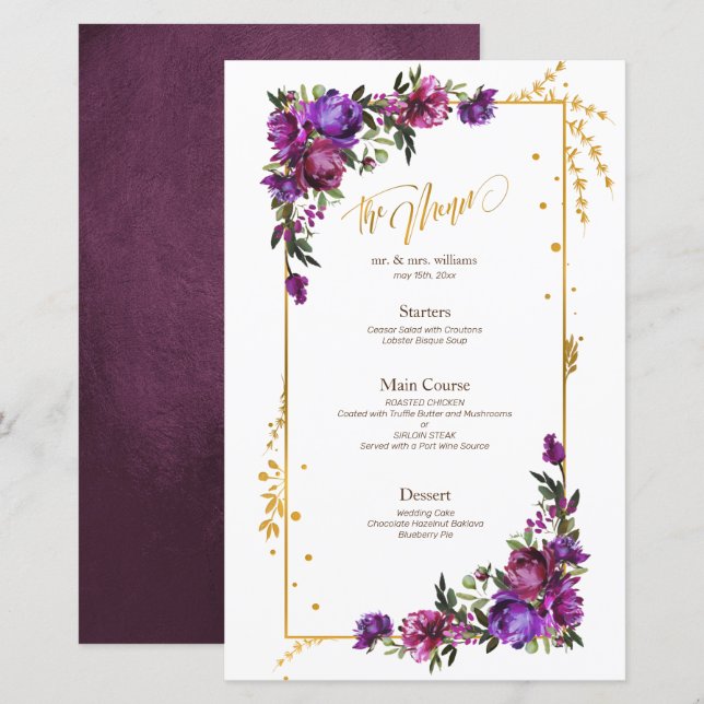 Lila Shock rosa Watercolor Blommigt Menu (Fram/baksida)