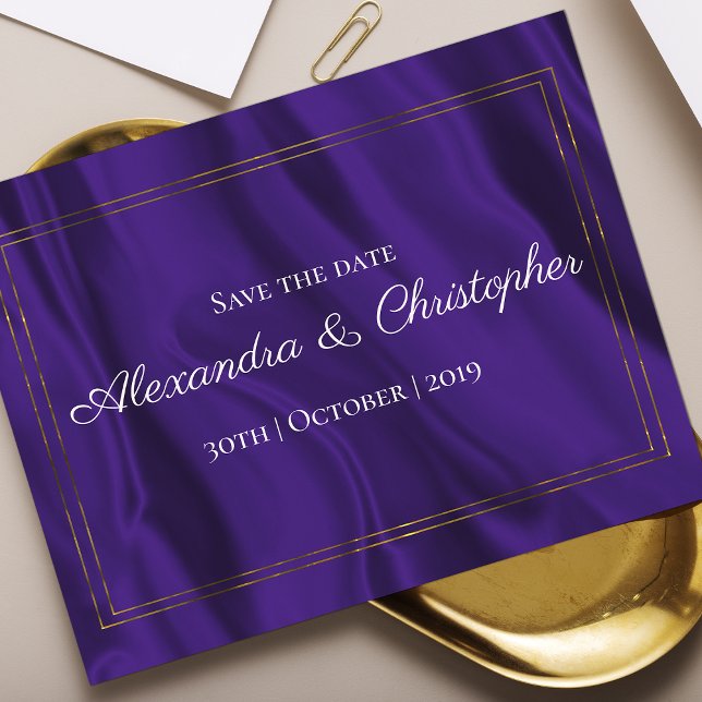 Lila siden och guld bröllop Save the Date Meddelande Vykort (Skapare uppladdad)
