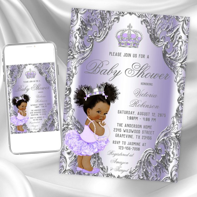 Lila Silver Afro Hår Prinsessa Baby Shower  Inbjudningar (Lavender silver baby shower invitation. Instant download and printed invitations available.)
