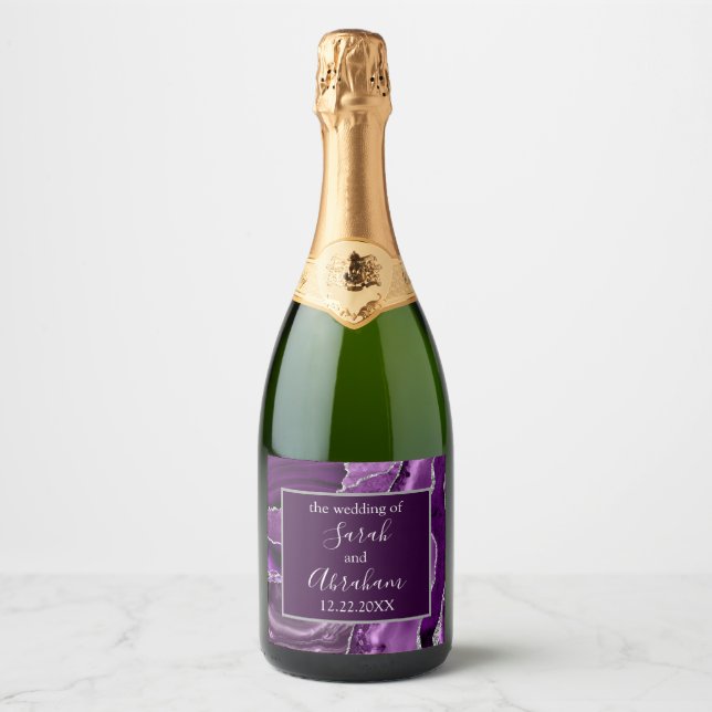 Lila Silver Agat Bröllops Gnistrande Vin Vinflaska (Framsida)