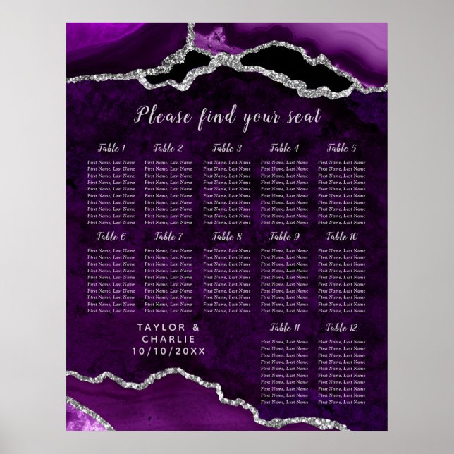 Lila Silver Agat Bröllops Placeringsplan 12 Bord Poster (Framsidan)