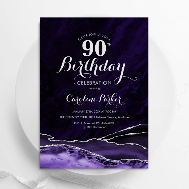 Lila Silver Agate Marble 90:e Birthday Inbjudningar (Skapare uppladdad)