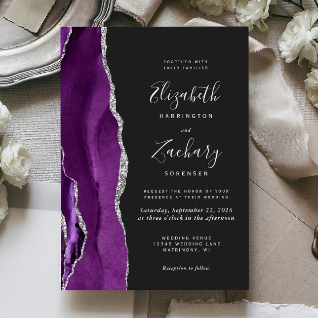 Lila Silver Agate Mörk Bröllop Inbjudningar (The perfect choice for a purple and silver themed wedding.)