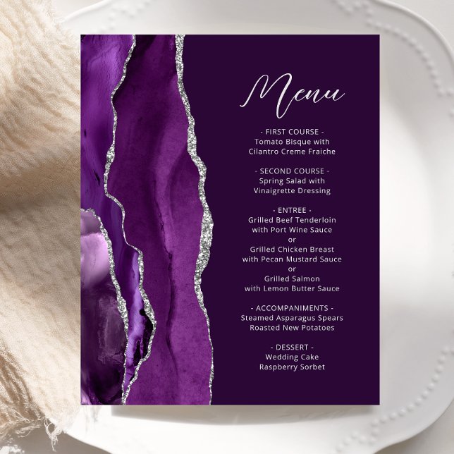 Lila Silver Agate Plum Bröllop Menu (Skapare uppladdad)