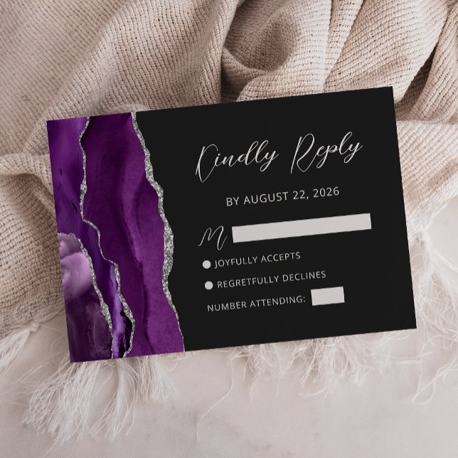 Lila Silver Agate Script Bröllop RSVP-kort OSA Kort (Skapare uppladdad)