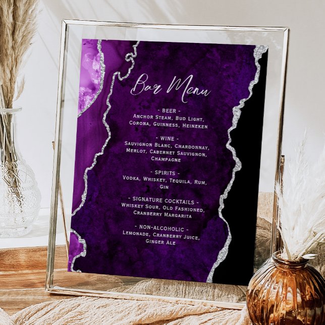 Lila Silver Agate Script Bröllops Bar Meny  Poster (Skapare uppladdad)