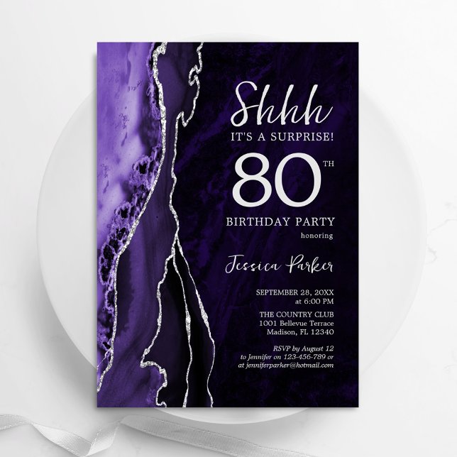 Lila Silver Agate Surprise 80:e födelsedagen Inbjudningar (Skapare uppladdad)