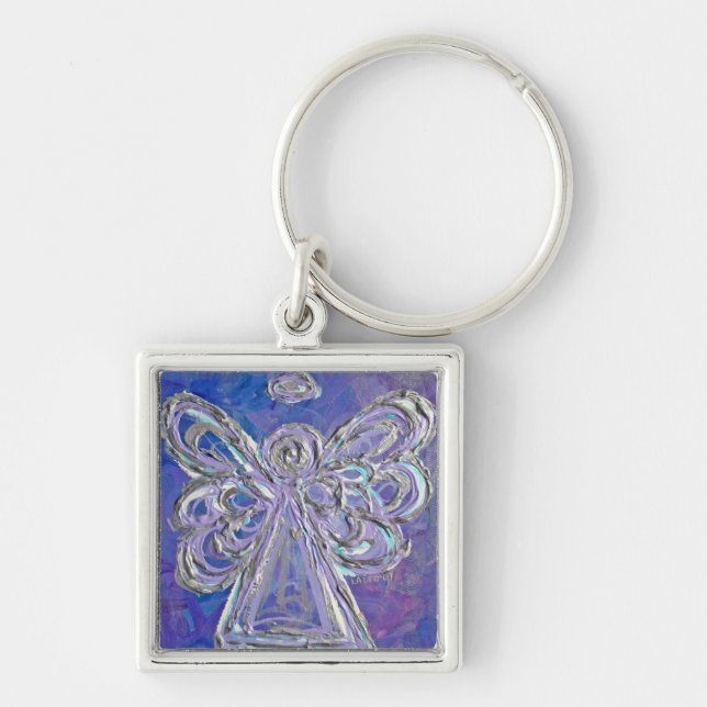 Lila Silver Angel Keychain Fyrkantig Silverfärgad Nyckelring (Framsidan)