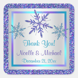 Lila Silver Aqua Glitter LOOK Snöflingor Sticker Fyrkantigt Klistermärke