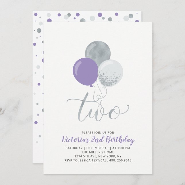 Lila & Silver Balloons Girl 2:a födelsedagen Party Inbjudningar (Fram/baksida)